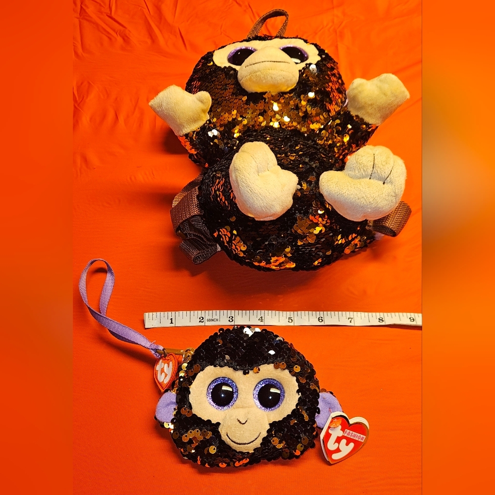 Ty Fashion Coconut Sequin Monkey Backpack Approx 11" w/Matching Coin Purse NWOT